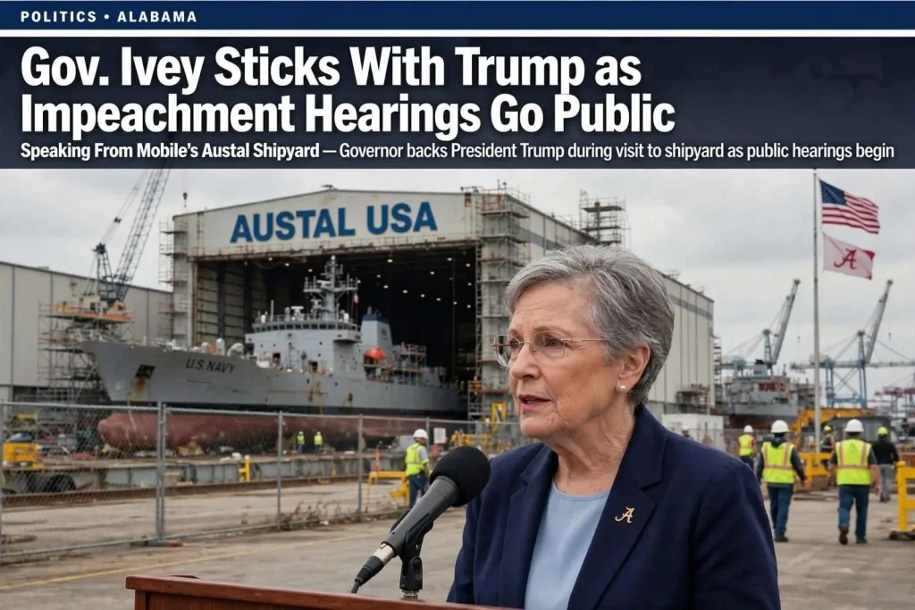 Illustration for the news story: Gov. Ivey Sticks With Trump as Impeachment Hearings Go Public — Speaking From Mobile’s Austal Shipyard