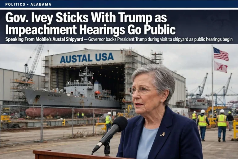 Illustration for the news story: Gov. Ivey Sticks With Trump as Impeachment Hearings Go Public — Speaking From Mobile’s Austal Shipyard