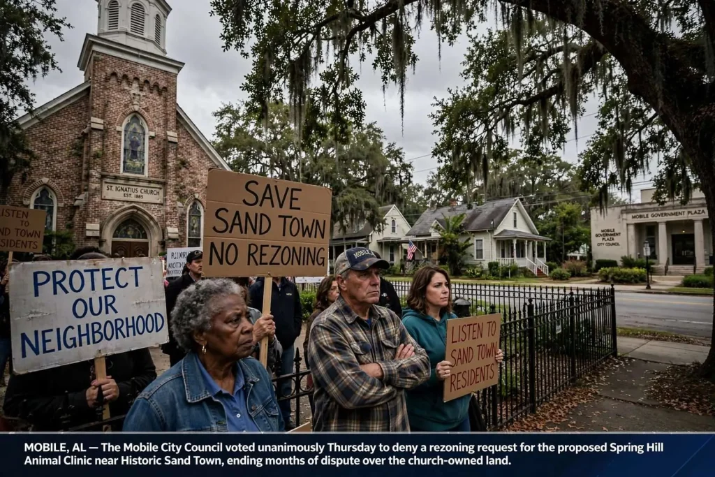 Illustration for the news story: Mobile Council Rejects Rezoning for Spring Hill Animal Clinic Near Historic Sand Town