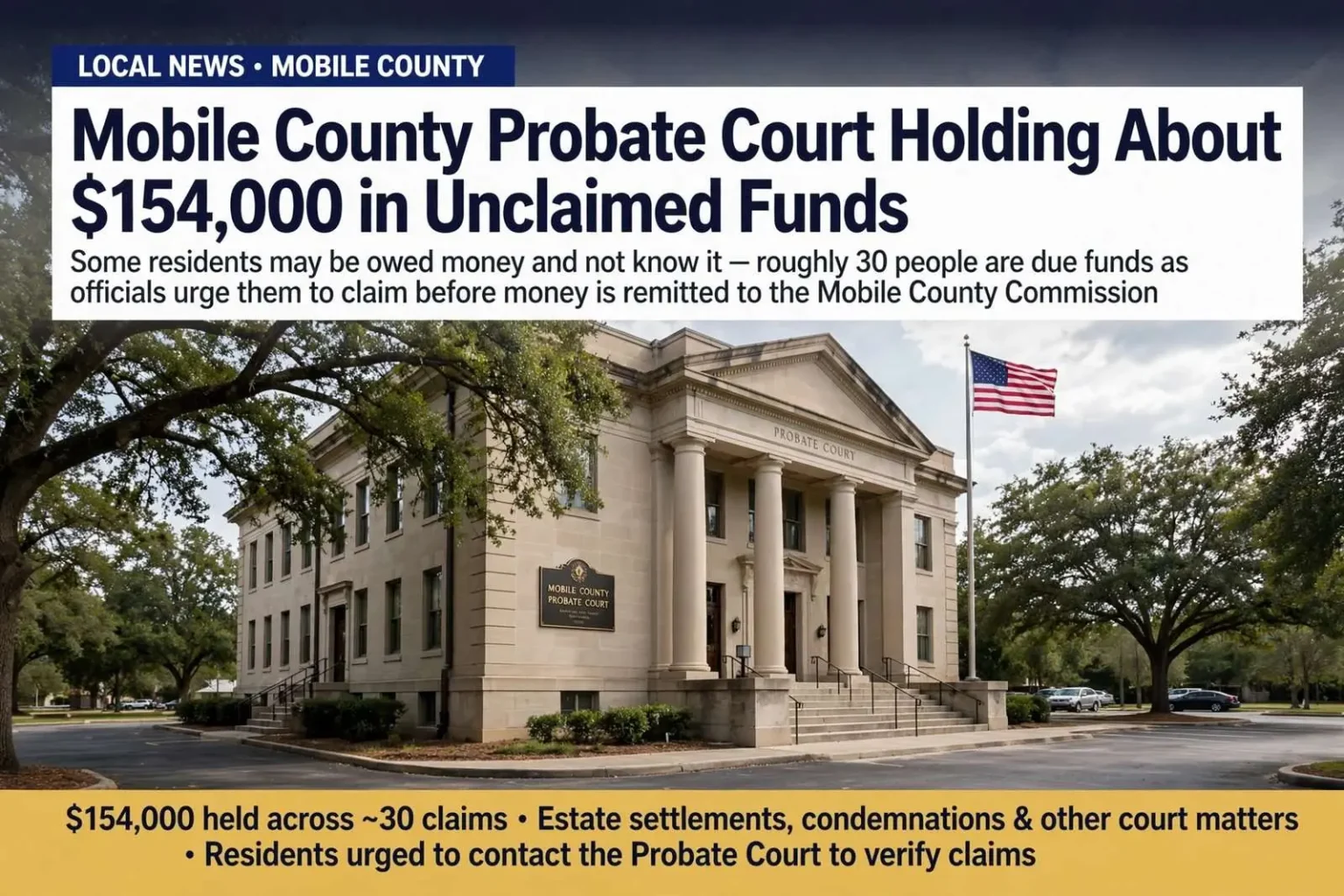 Illustration for the news story: Mobile County Probate Court Holding About $154,000 in Unclaimed Funds