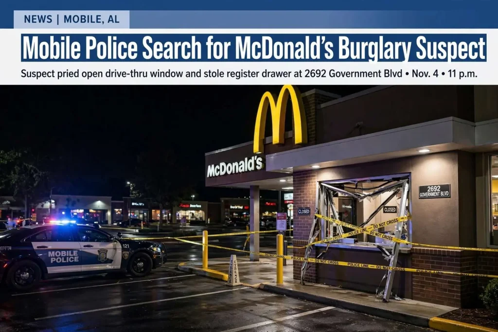 Illustration for the news story: Mobile Police Search for McDonald’s Burglary Suspect