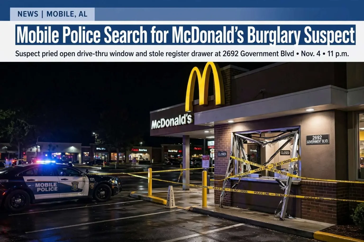 Illustration for the news story: Mobile Police Search for McDonald’s Burglary Suspect