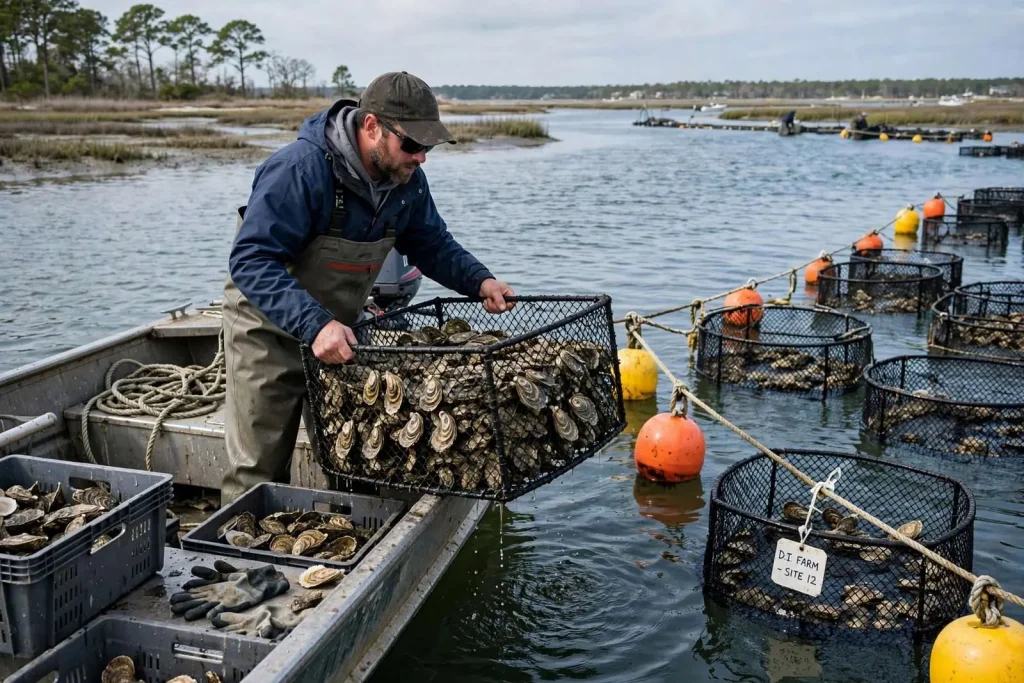 Illustration for the news story: Off-Bottom Oyster Farms Report a Strong Season Even as Wild Reefs Suffer