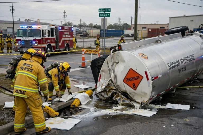 Illustration for the news story: Overturned Truck Spills Sodium Hydroxide on Mobile’s Addsco Road
