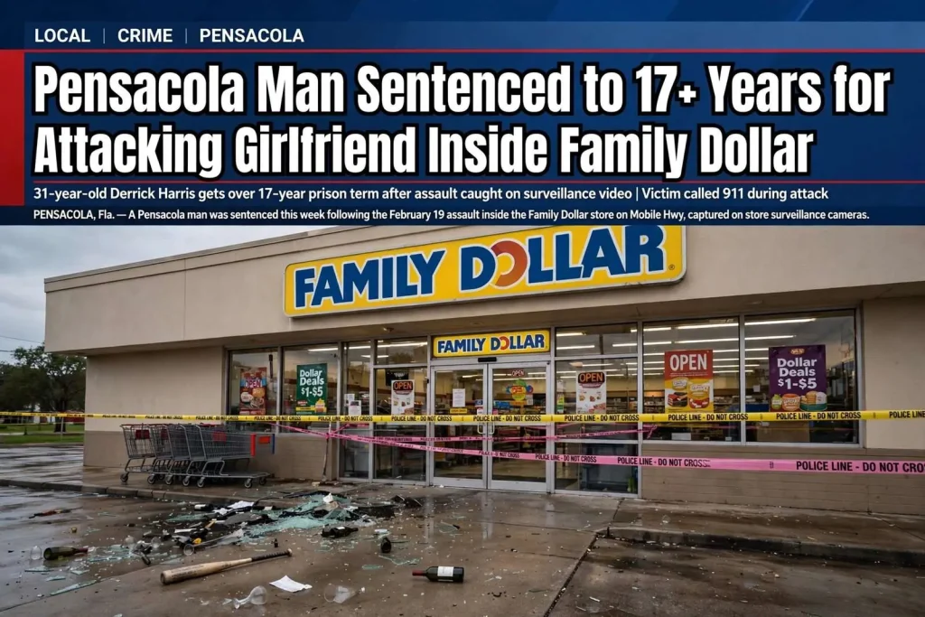 Illustration for the news story: Pensacola man sentenced to 17+ years for attacking girlfriend inside Family Dollar