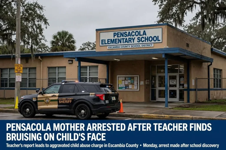 Illustration for the news story: Pensacola Mother Arrested After Teacher Finds Bruising on Child’s Face