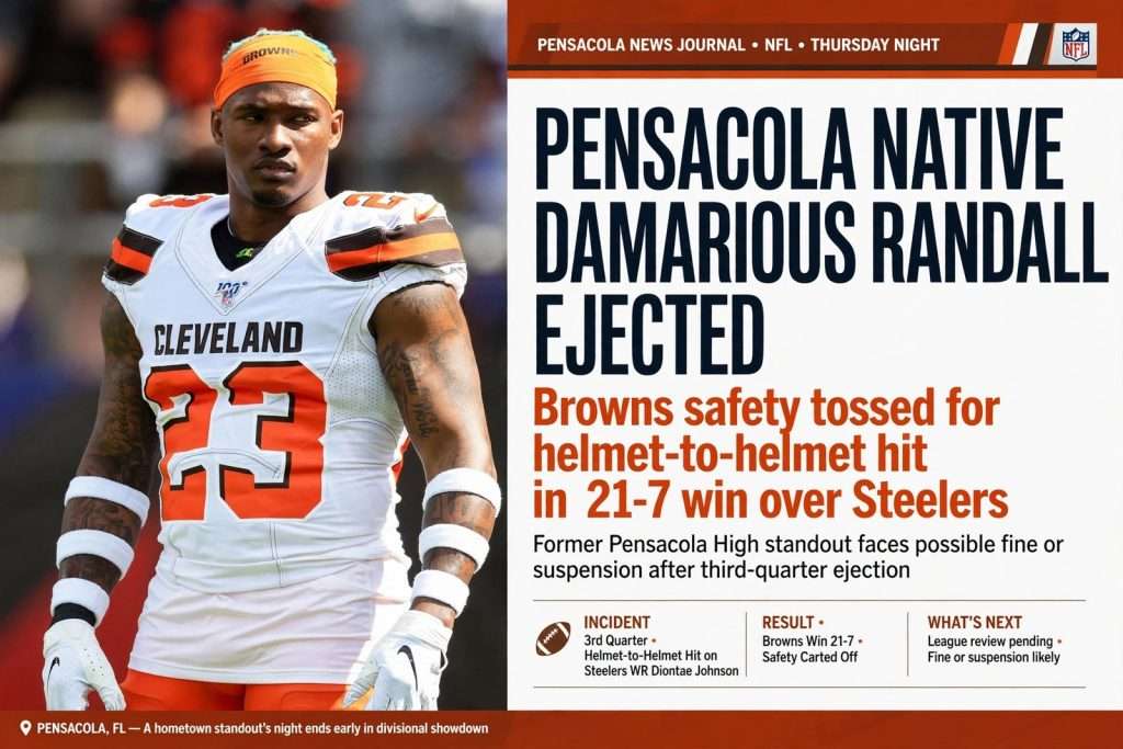 Illustration for the news story: Pensacola native Damarious Randall ejected from Browns game after illegal hit