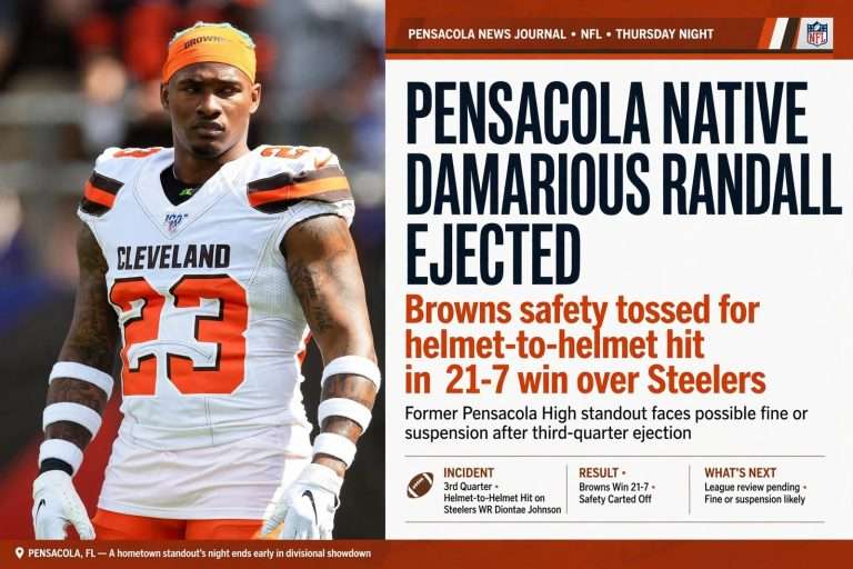 Illustration for the news story: Pensacola native Damarious Randall ejected from Browns game after illegal hit