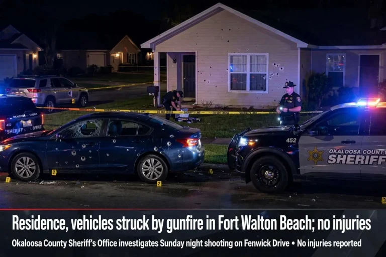 Illustration for the news story: Residence, vehicles struck by gunfire in Fort Walton Beach; no injuries
