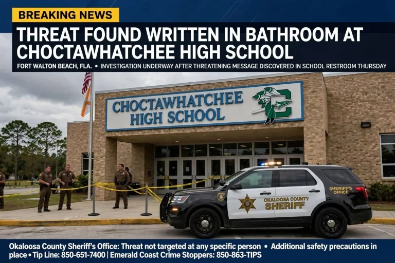 Illustration for the news story: School threat found written in bathroom at Fort Walton Beach high school