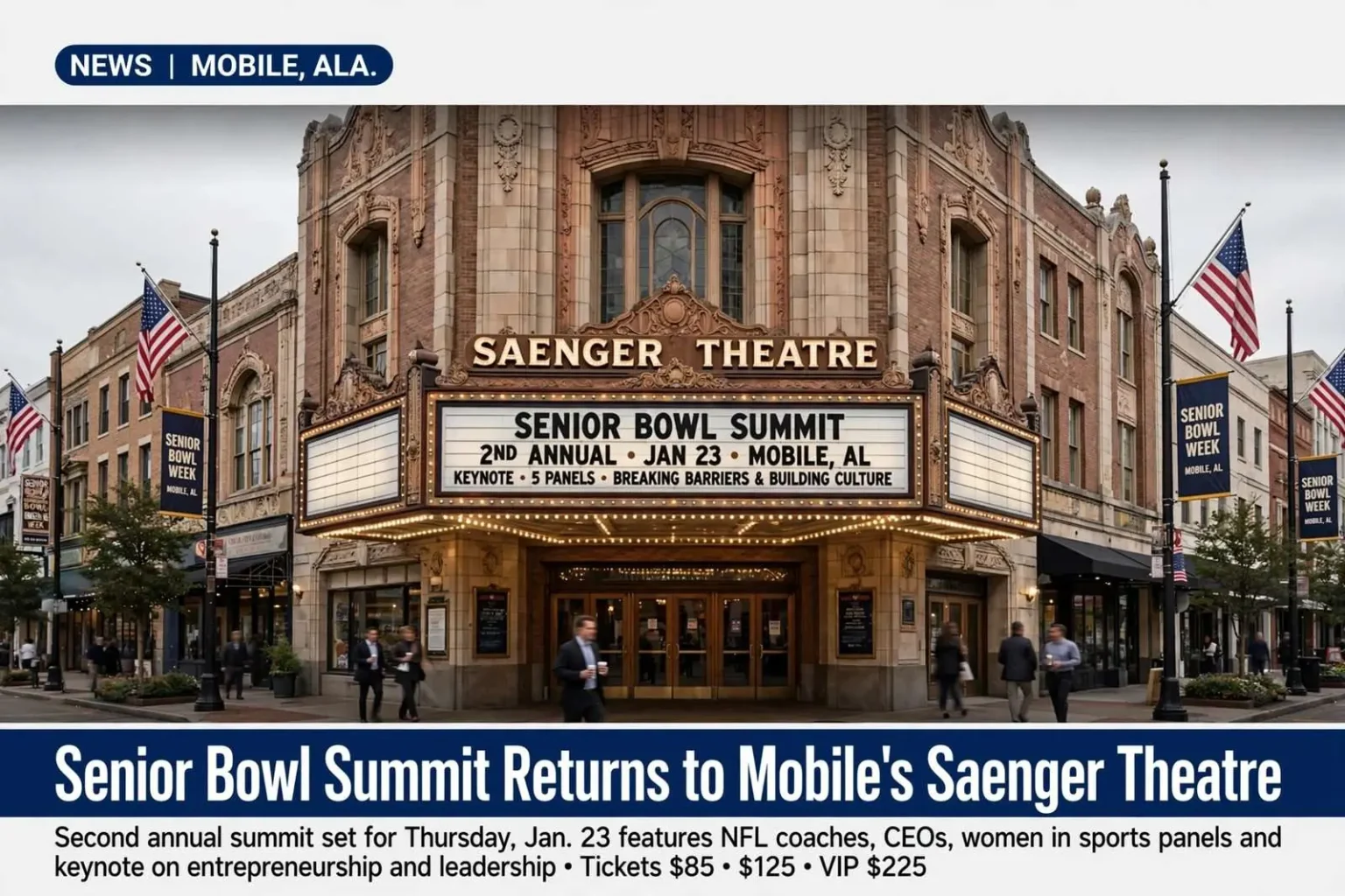 Illustration for the news story: Senior Bowl Summit returns to Mobile’s Saenger Theatre