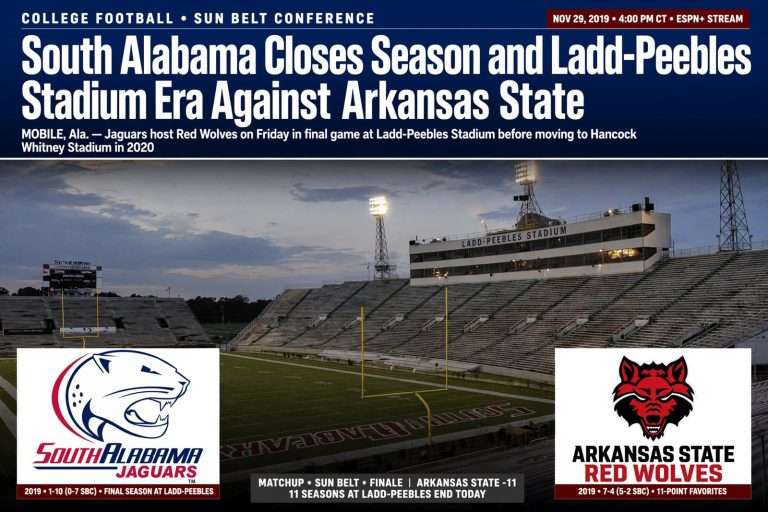Illustration for the news story: South Alabama Closes Season and Ladd-Peebles Stadium Era Against Arkansas State
