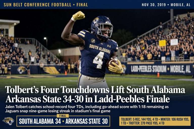 Illustration for the news story: Tolbert’s Four Touchdowns Lift South Alabama Past Arkansas State 34-30 in Ladd-Peebles Finale