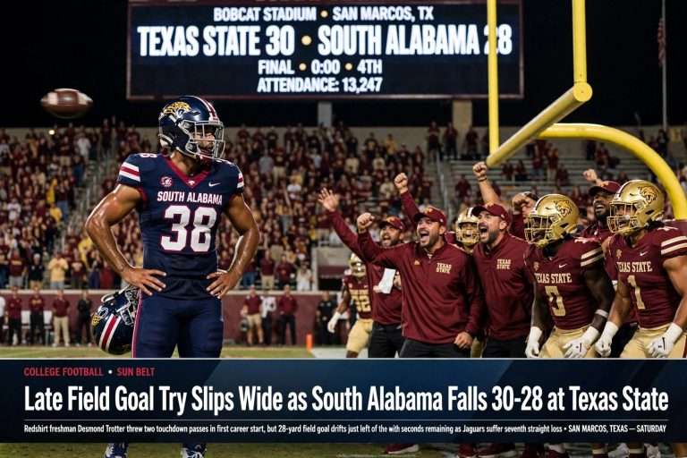 Illustration for the news story: Late Field Goal Try Slips Wide as South Alabama Falls 30-28 at Texas State