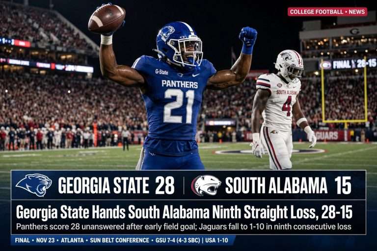 Illustration for the news story: Georgia State Hands South Alabama Ninth Straight Loss, 28-15