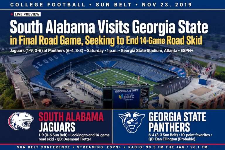 Illustration for the news story: South Alabama Visits Georgia State in Final Road Game, Seeking to End 14-Game Road Skid