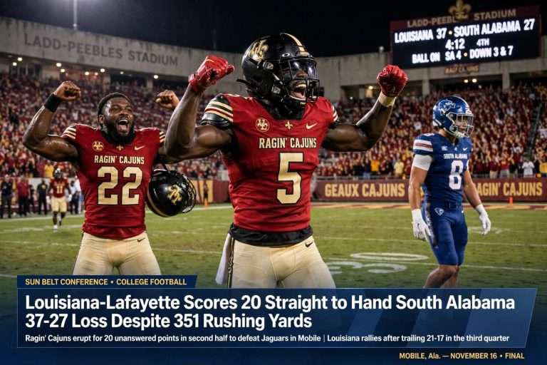 Illustration for the news story: Louisiana-Lafayette Scores 20 Straight to Hand South Alabama 37-27 Loss Despite 351 Rushing Yards