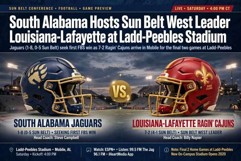 Illustration for the news story: South Alabama Hosts Sun Belt West Leader Louisiana-Lafayette at Ladd-Peebles Stadium