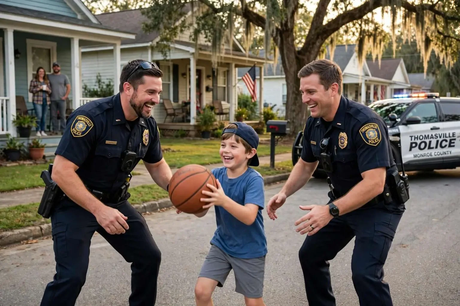 Illustration for the news story: Thomasville Police Officers Win Hearts After Playing Basketball With Local Boy