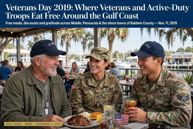 Illustration for the news story: Veterans Day 2019: Where Veterans and Active-Duty Troops Eat Free Around the Gulf Coast