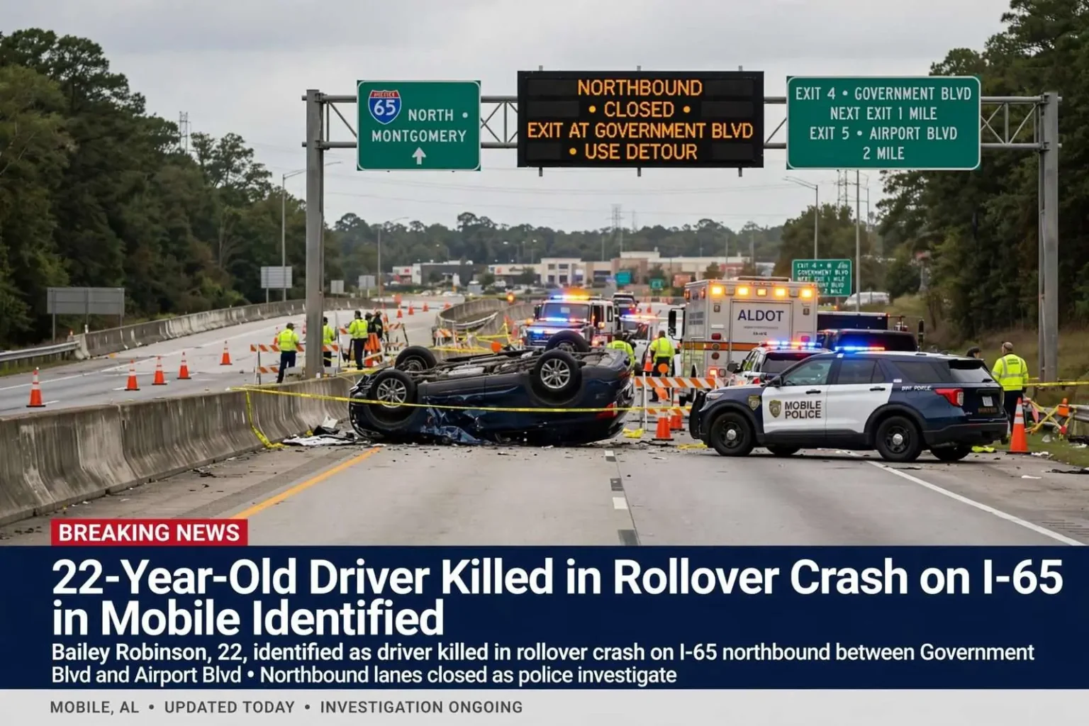 Illustration for the news story: 22-Year-Old Driver Killed in Rollover Crash on I-65 in Mobile Identified