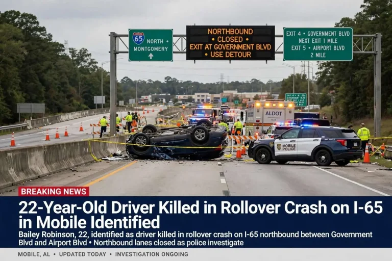 Illustration for the news story: 22-Year-Old Driver Killed in Rollover Crash on I-65 in Mobile Identified