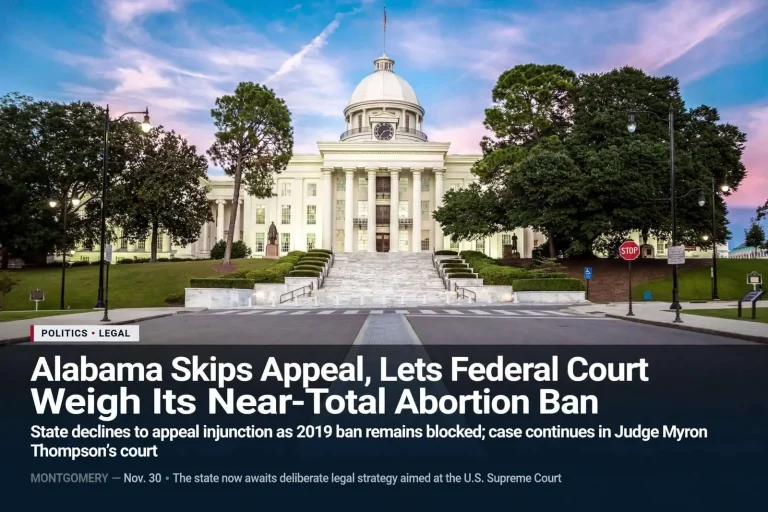 Illustration for the news story: Alabama Skips Appeal, Lets Federal Court Weigh Its Near-Total Abortion Ban