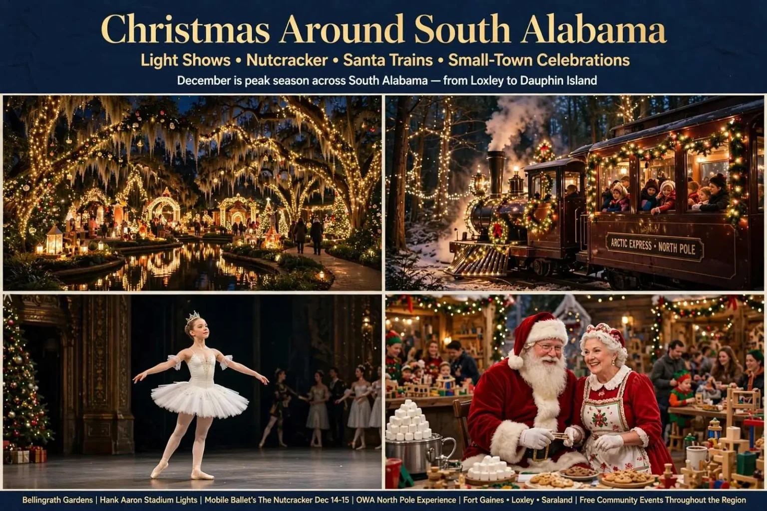 Illustration for the news story: Christmas Around South Alabama: Light Shows, Nutcracker, Santa Trains and Small-Town Celebrations