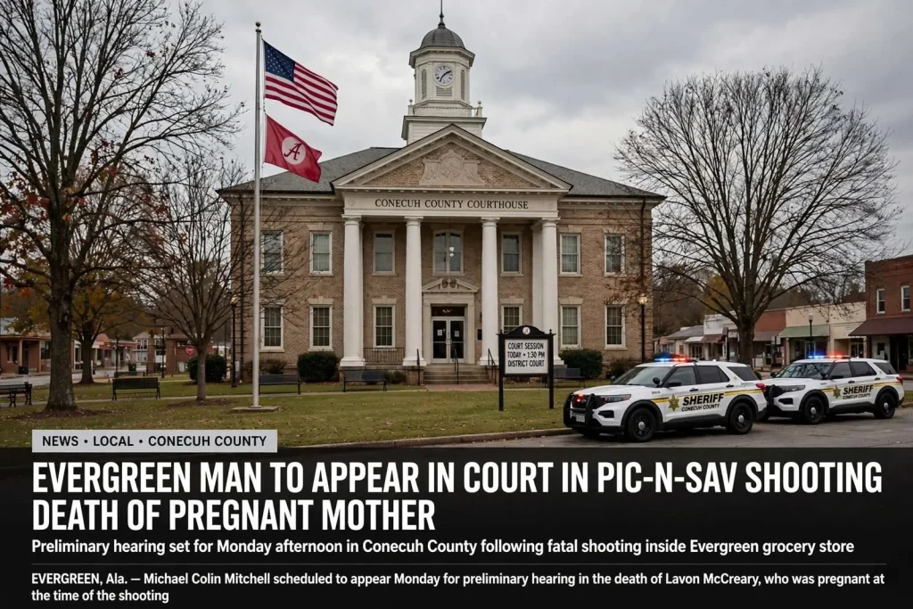 Illustration for the news story: Evergreen man to appear in court in Pic-N-Sav shooting death of pregnant mother