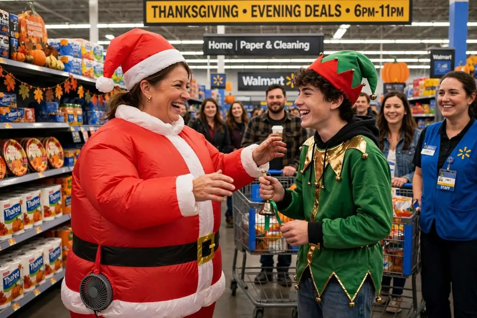 Illustration for the news story: Greenville Mom and Teen Son Dress Up to Entertain Thanksgiving Walmart Shoppers