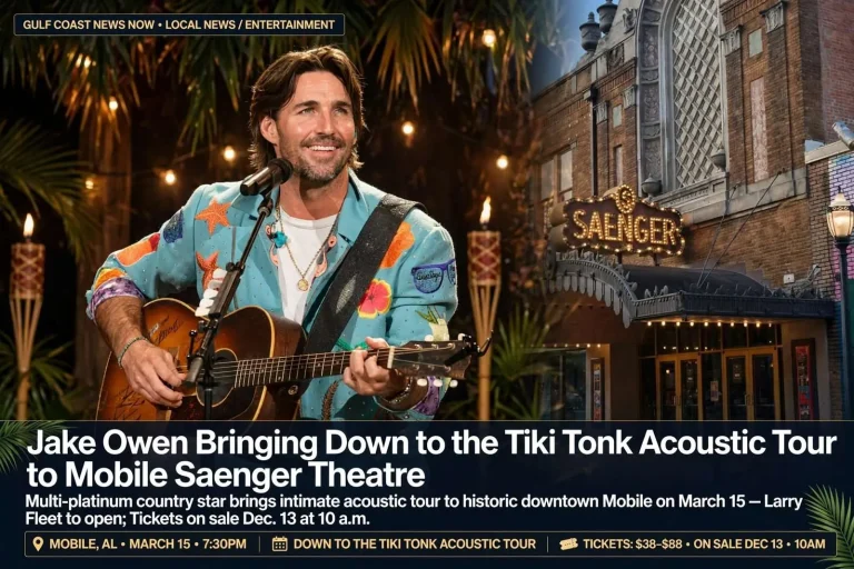 Illustration for the news story: Jake Owen bringing Down to the Tiki Tonk acoustic tour to Mobile Saenger Theatre