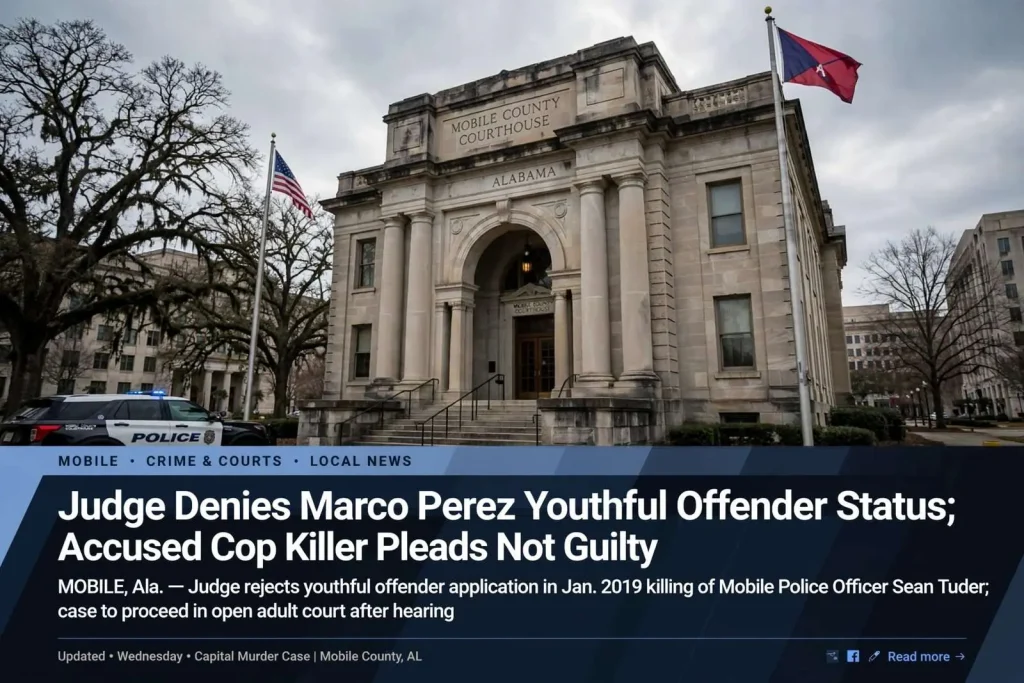Illustration for the news story: Judge Denies Marco Perez Youthful Offender Status; Accused Cop Killer Pleads Not Guilty