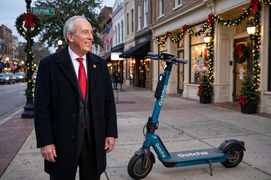 Illustration for the news story: Mayor teases electric scooters for Downtown Mobile in Christmas Day post