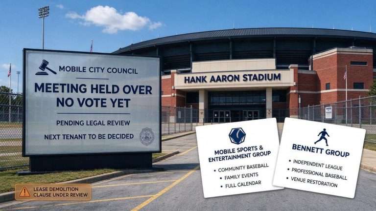 Illustration for the news story: Mobile Council Delays Decision on Hank Aaron Stadium’s Next Tenant