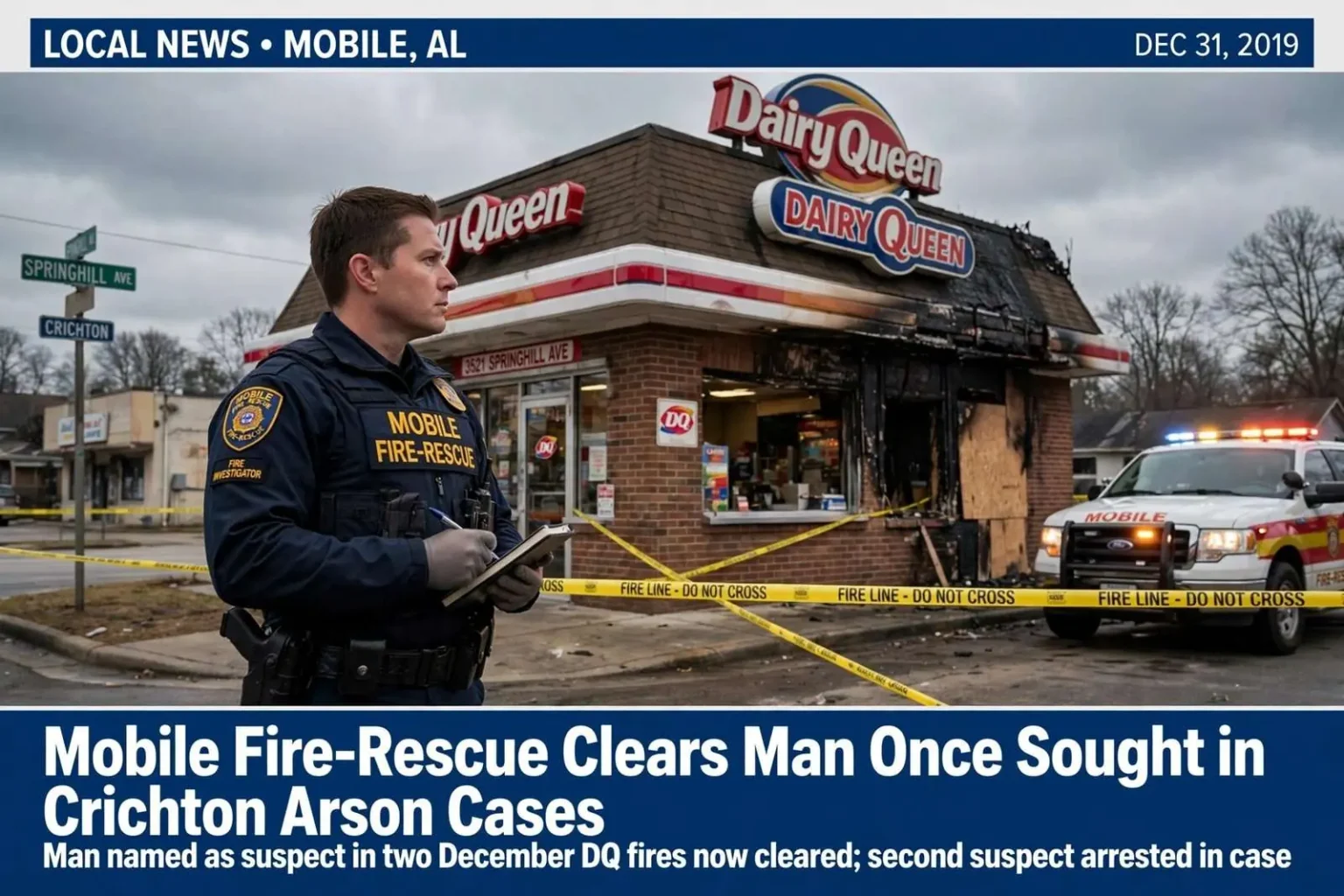 Illustration for the news story: Mobile Fire-Rescue Clears Man Once Sought in Crichton Arson Cases