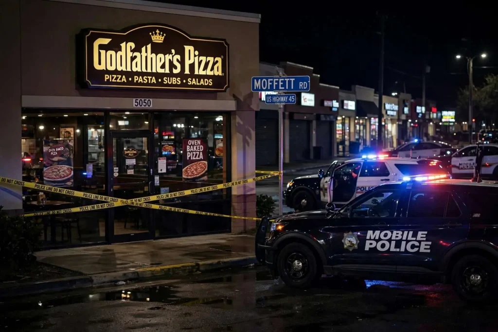 Illustration for the news story: Mobile Police Arrest 20-Year-Old in Shooting at Godfather’s Pizza on Moffett Road