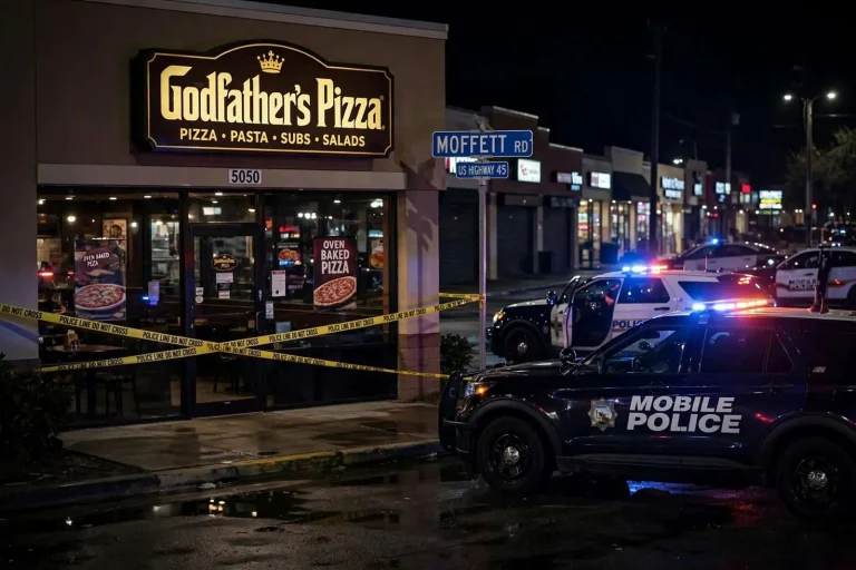 Illustration for the news story: Mobile Police Arrest 20-Year-Old in Shooting at Godfather’s Pizza on Moffett Road