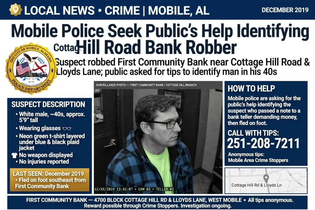 Illustration for the news story: Mobile Police Seek Public’s Help Identifying Cottage Hill Road Bank Robber