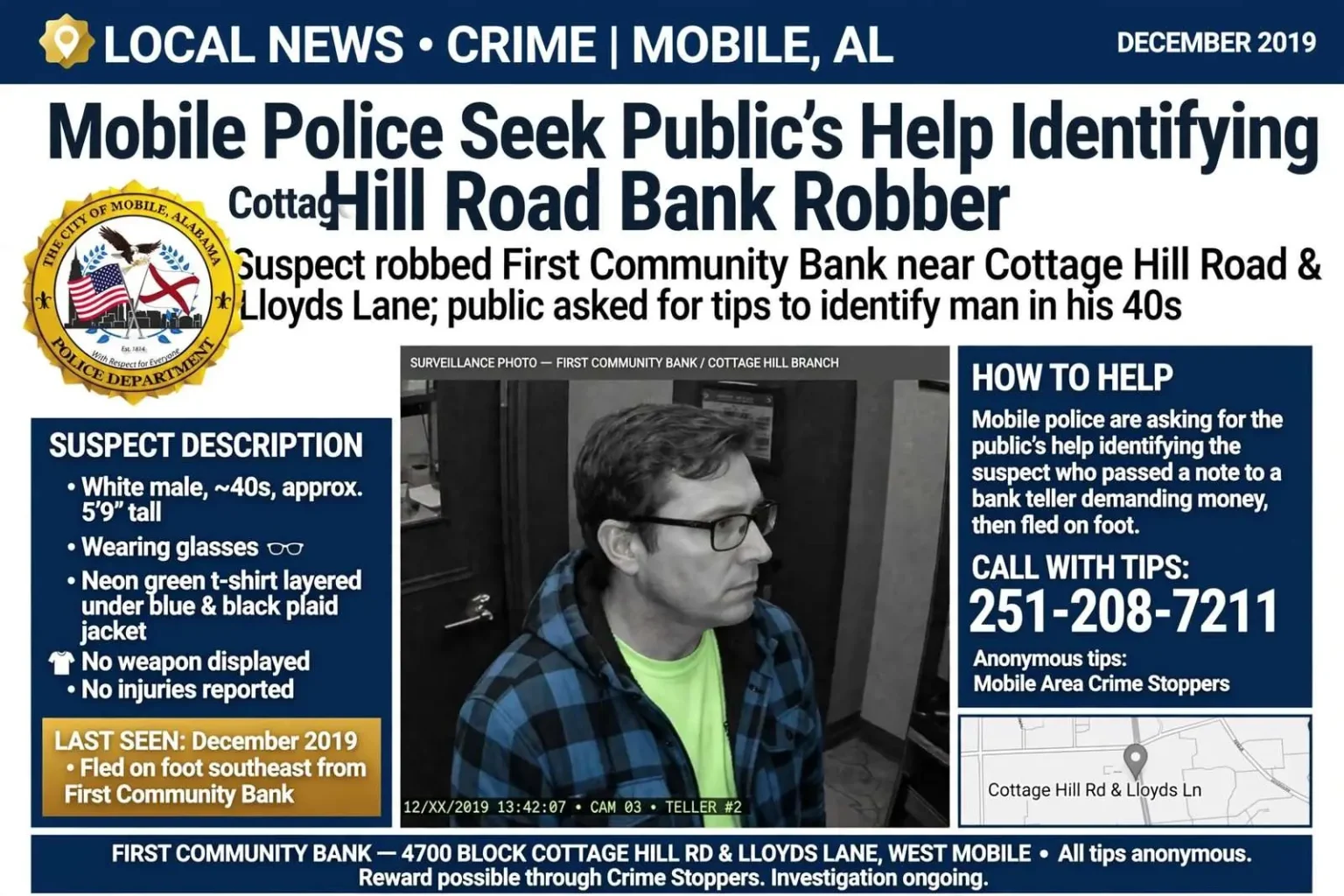 Illustration for the news story: Mobile Police Seek Public’s Help Identifying Cottage Hill Road Bank Robber