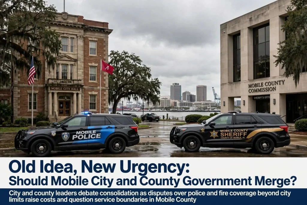 Illustration for the news story: Old Idea, New Urgency: Should Mobile City and County Government Merge?