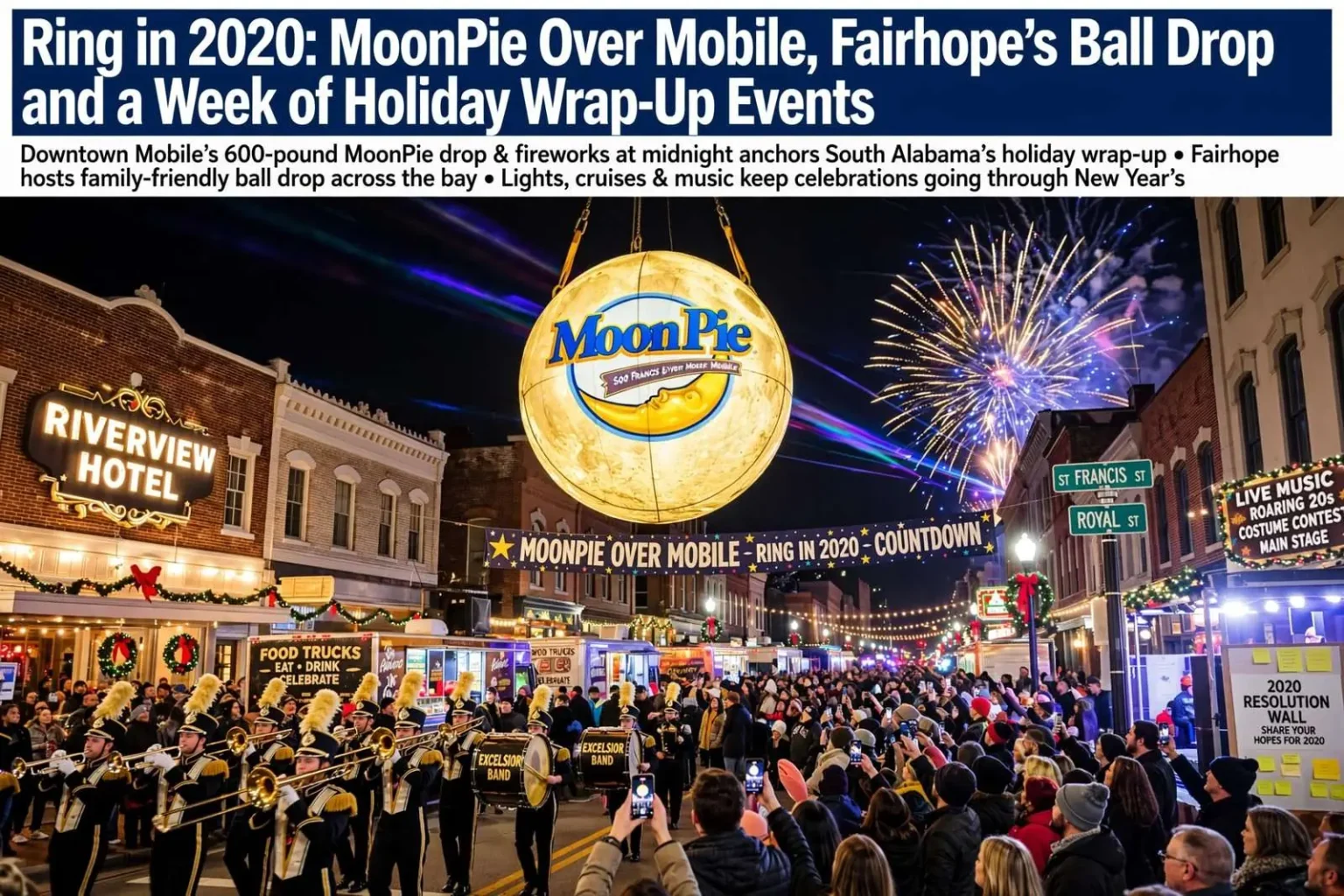 Illustration for the news story: Ring in 2020: MoonPie Over Mobile, Fairhope’s Ball Drop and a Week of Holiday Wrap-Up Events