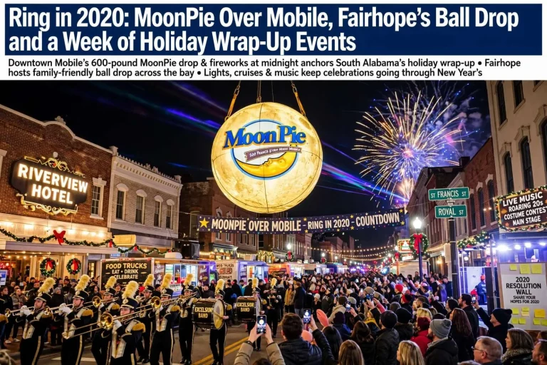 Illustration for the news story: Ring in 2020: MoonPie Over Mobile, Fairhope’s Ball Drop and a Week of Holiday Wrap-Up Events