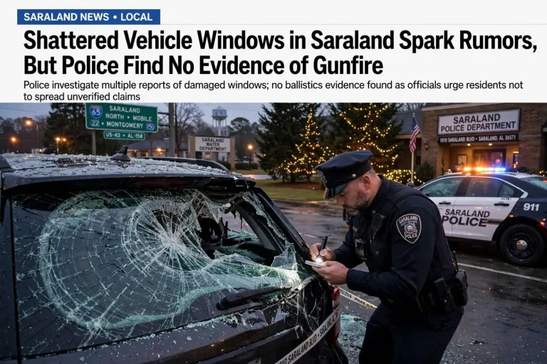 Illustration for the news story: Shattered Vehicle Windows in Saraland Spark Rumors, But Police Find No Evidence of Gunfire