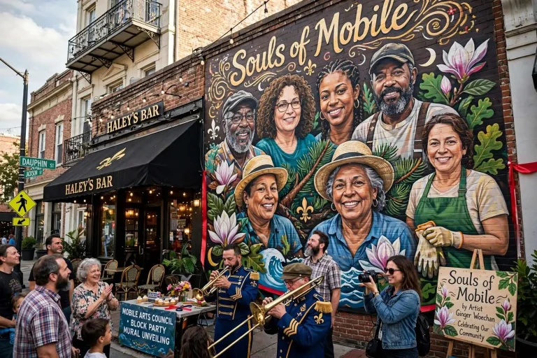 Illustration for the news story: ‘Souls of Mobile’ Mural Brings Community Faces to Downtown Wall