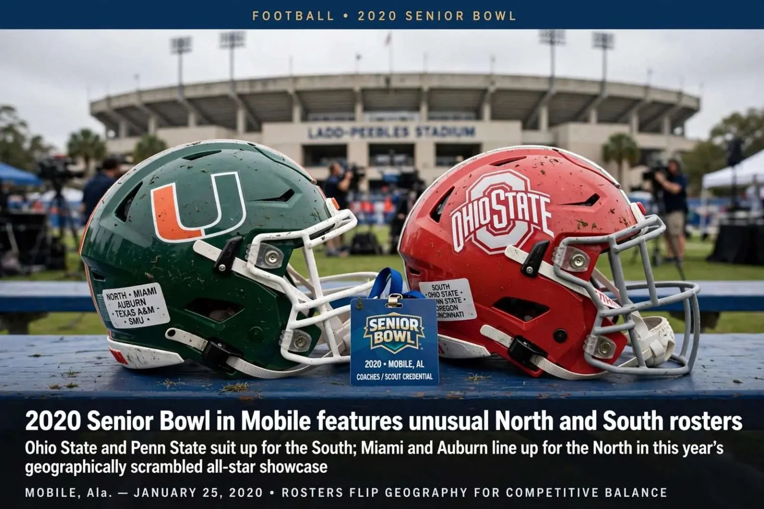 Illustration for the news story: 2020 Senior Bowl in Mobile features unusual North and South rosters
