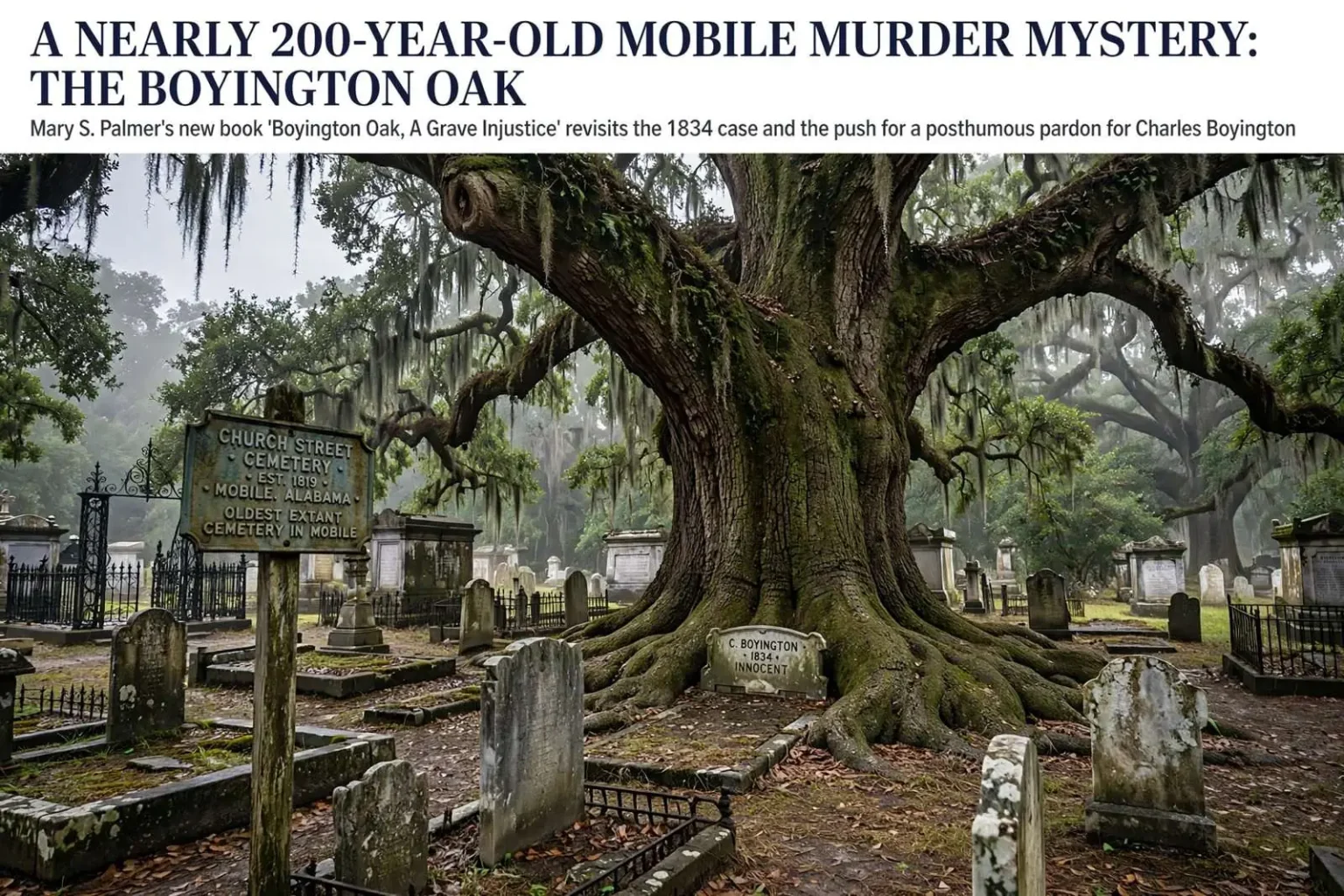 Illustration for the news story: A nearly 200-year-old Mobile murder mystery: the Boyington Oak