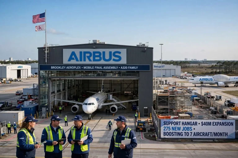 Illustration for the news story: Airbus to Add 275 Jobs, Boost Mobile Jet Production Rate to Seven Planes a Month