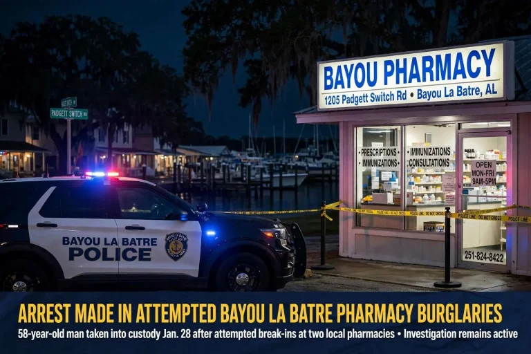 Illustration for the news story: Arrest Made in Attempted Bayou La Batre Pharmacy Burglaries