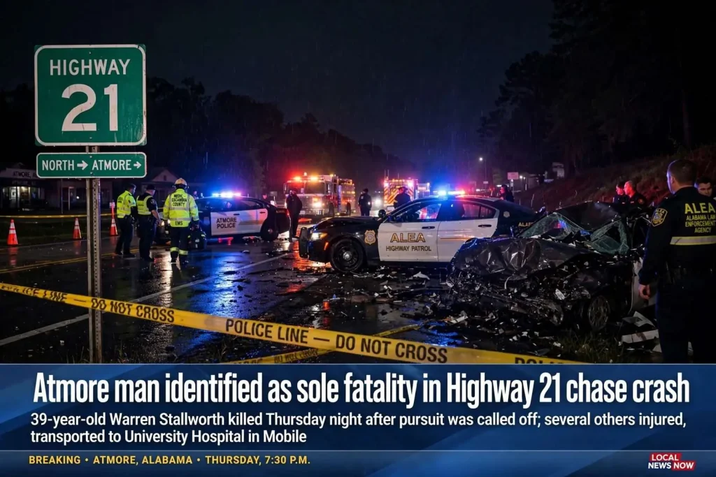 Illustration for the news story: Atmore man identified as sole fatality in Highway 21 chase crash
