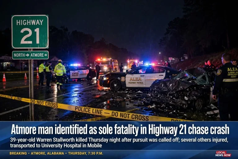 Illustration for the news story: Atmore man identified as sole fatality in Highway 21 chase crash